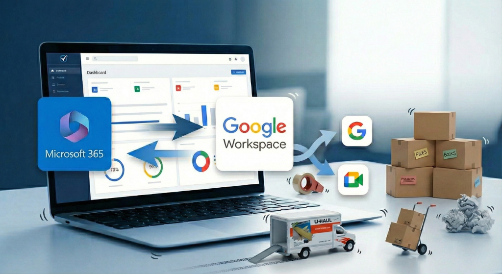 Microsoft 365 and Google Workspace migration illustration showing laptop dashboard with bidirectional arrows between platforms and moving boxes representing data transfer